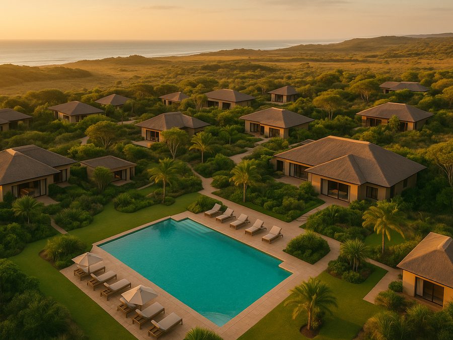 Aerial view of a lodge resort with a pool set in coastal bush