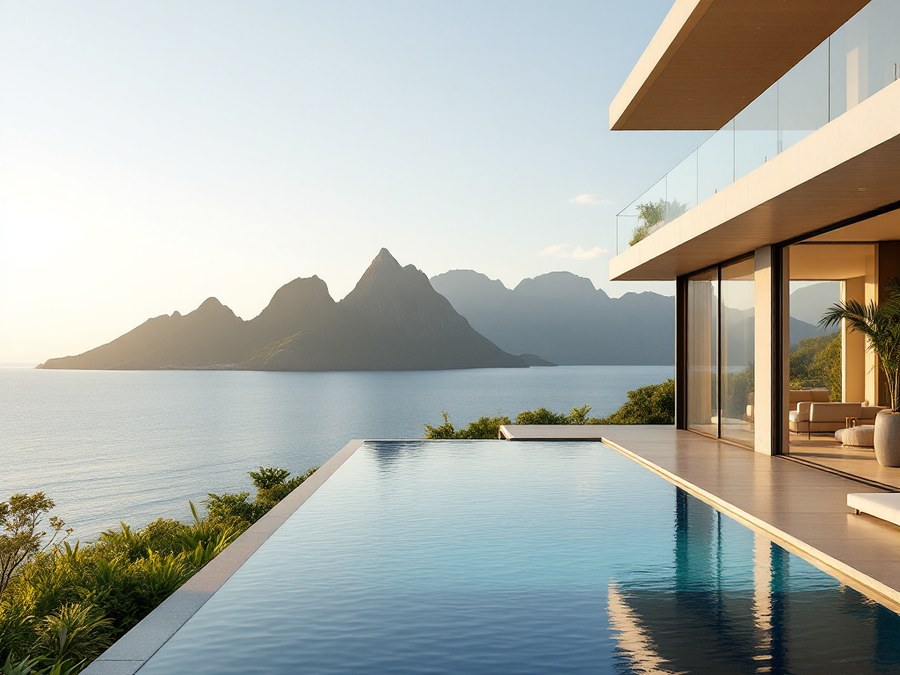 A modern villa with an infinity pool overlooking a mountain bay
