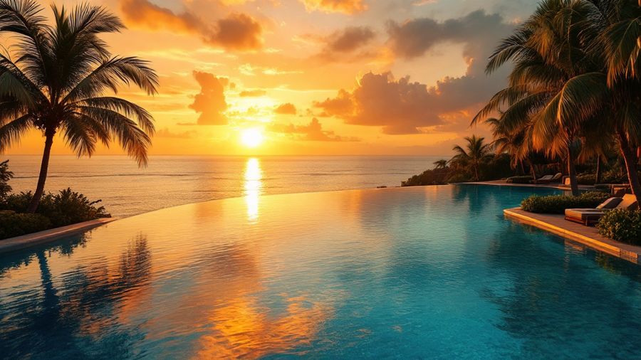An infinity pool at sunset on a tropical coastline