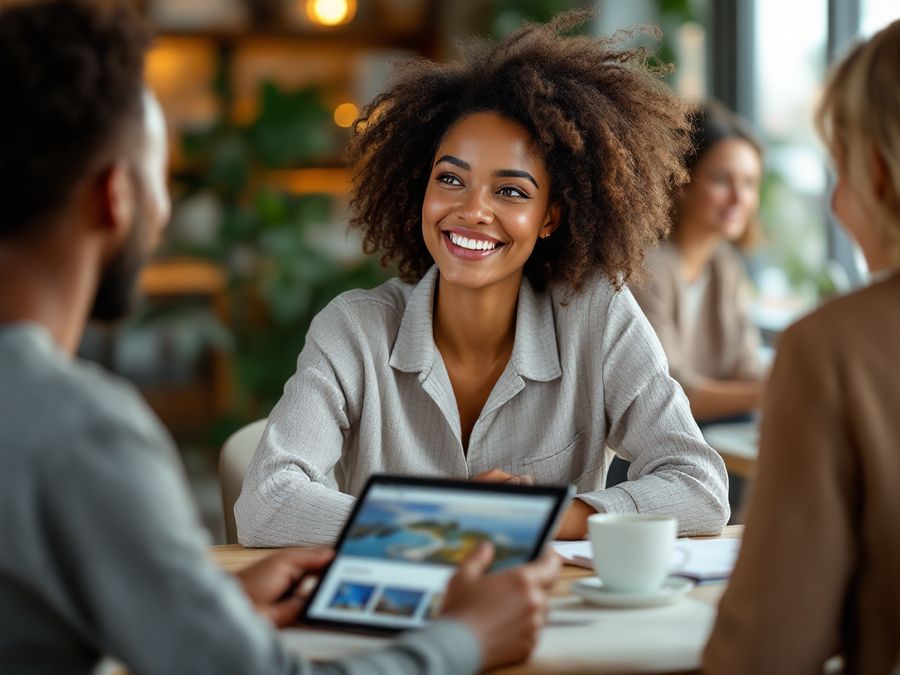 A consultant taking a client through holiday options on a tablet