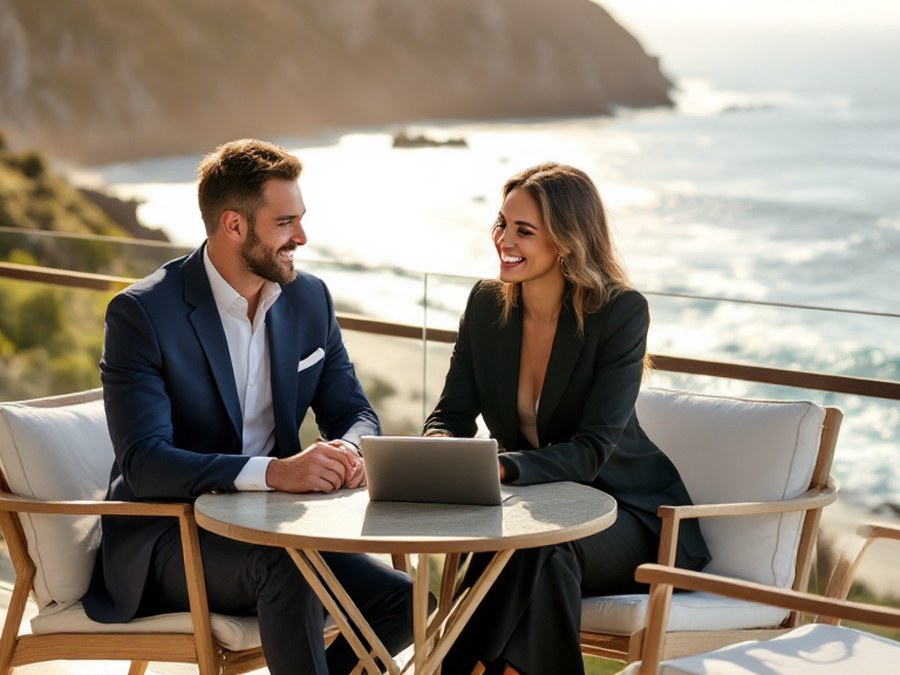 Two consultants meeting over a laptop on a terrace above the sea