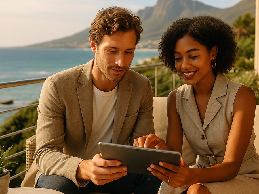A couple reviewing holiday options together on a tablet