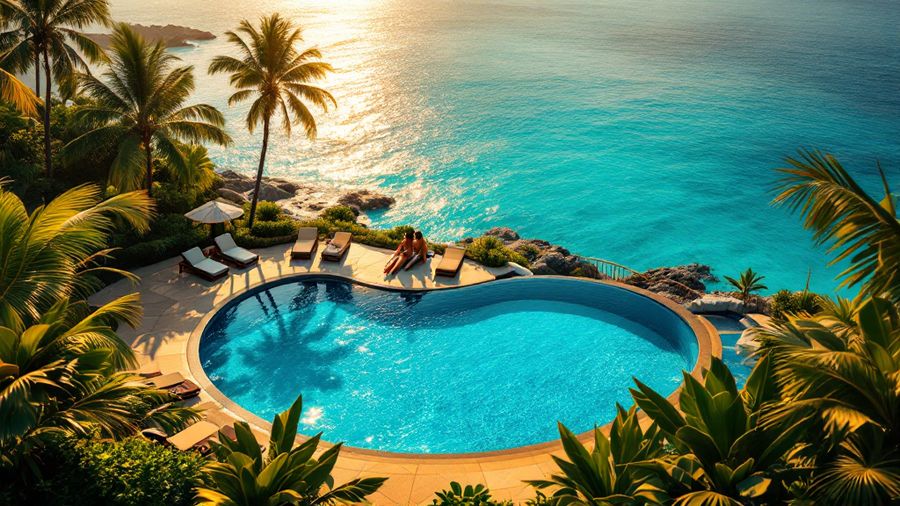 A resort pool surrounded by palms above a turquoise bay